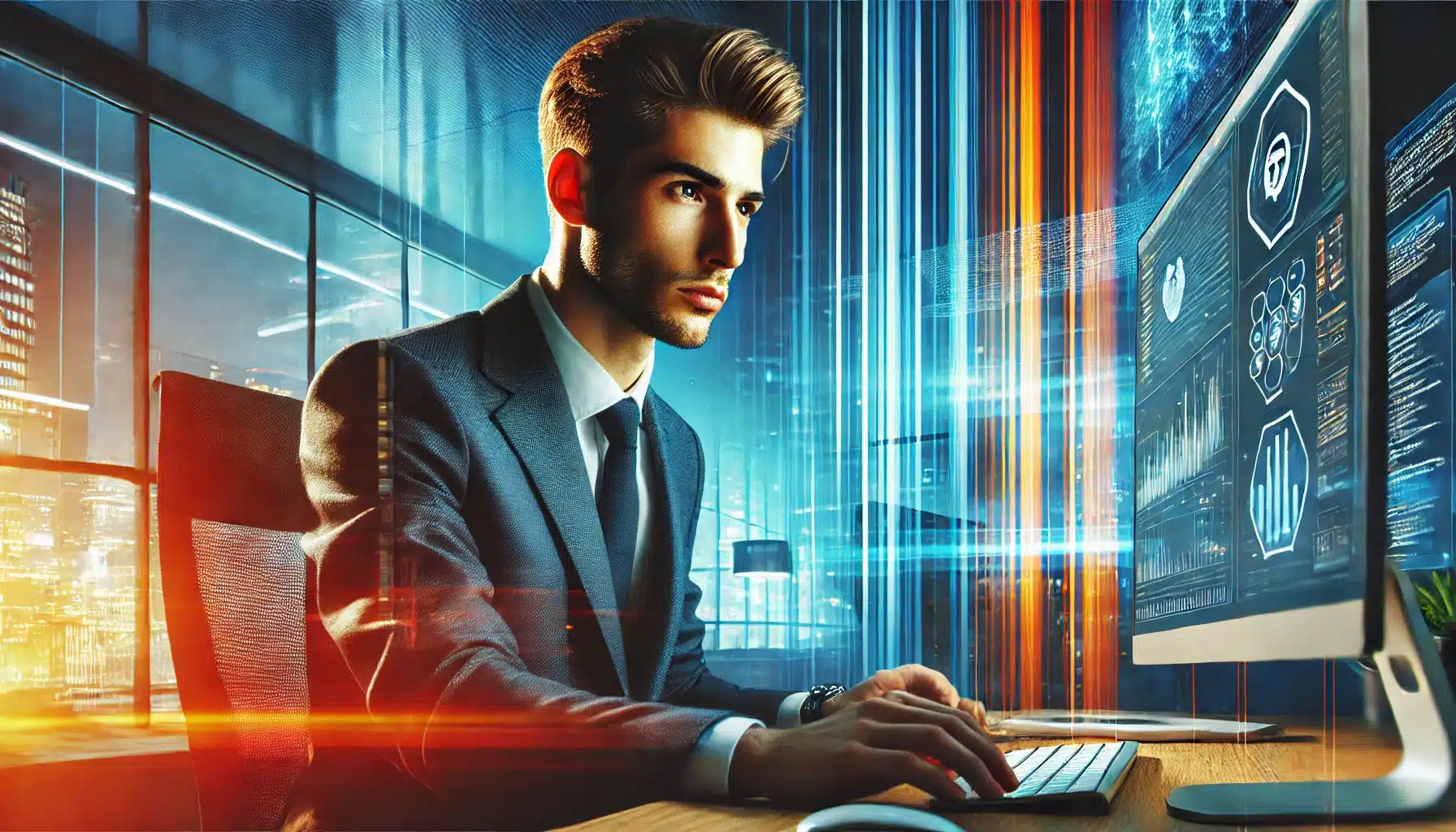 a man in a suit and tie working on a computer