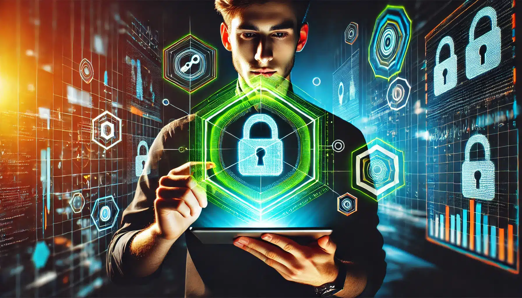 a man holding a tablet with a glowing padlock