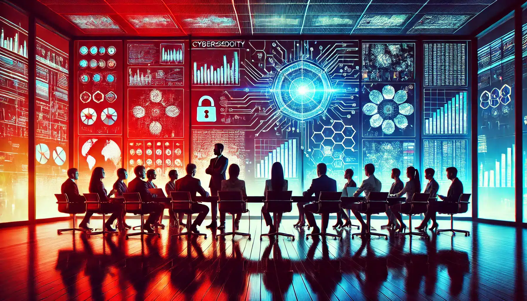 a group of people sitting in a room with a large screen with a diagram