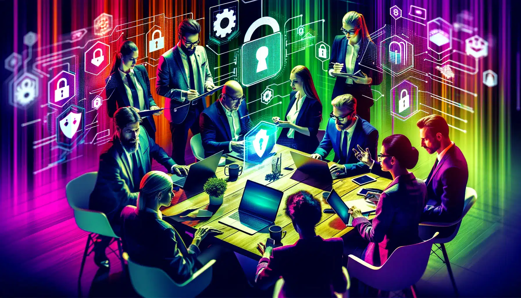 a group of people around a table with laptops and icons