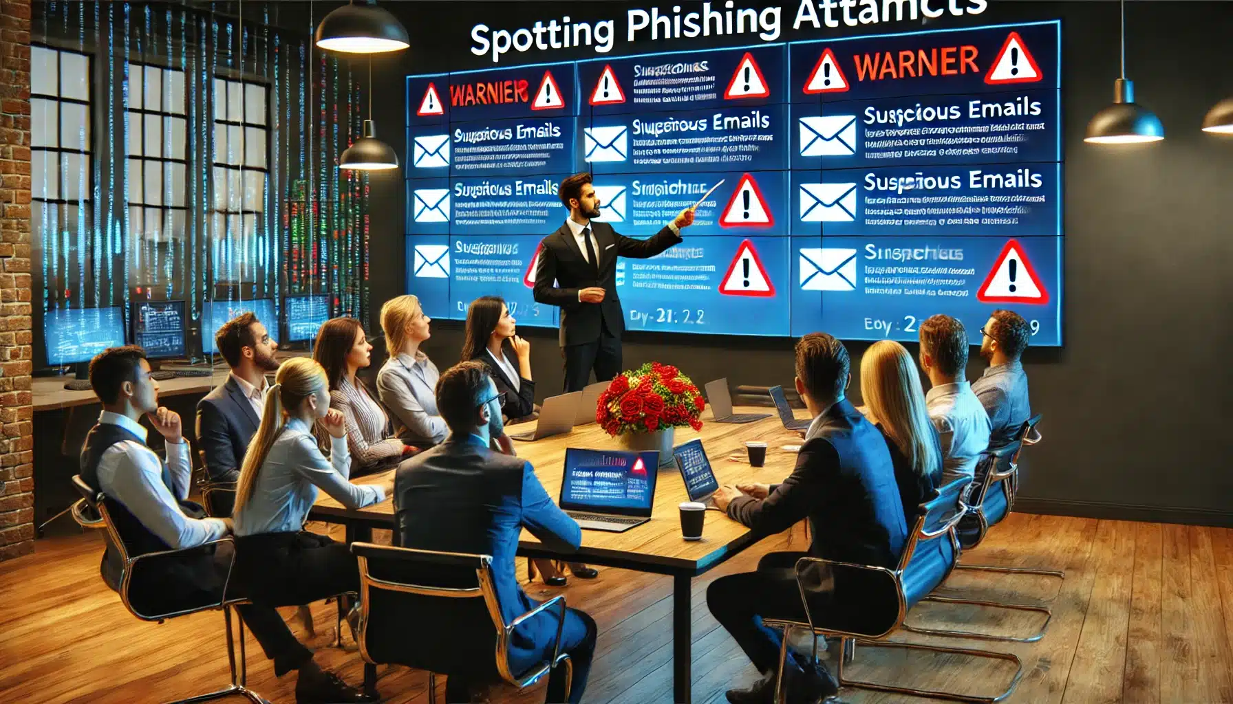 a man standing in front of a large screen with people sitting around it