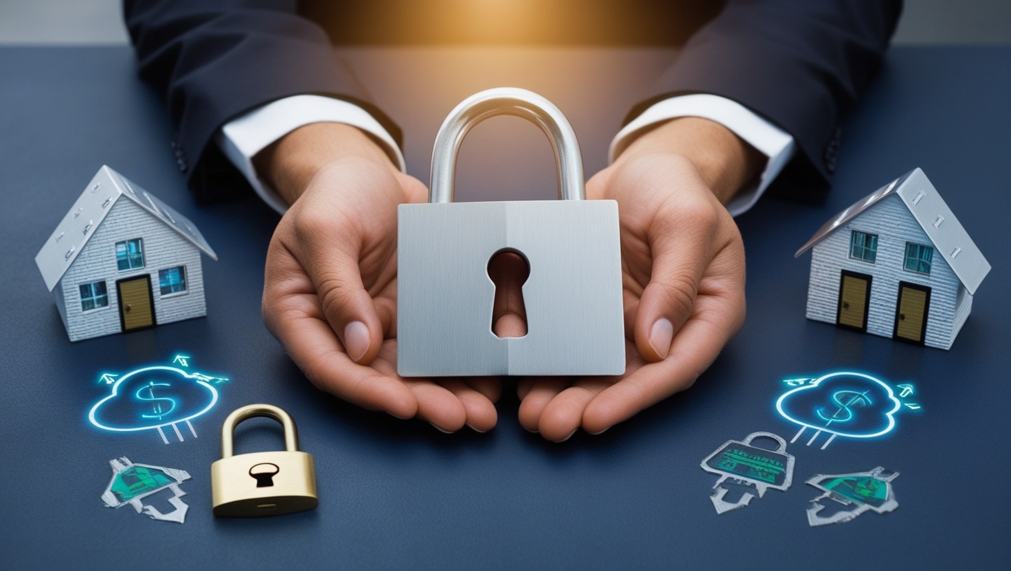 hands holding a lock in front of a blue surface